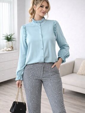 Light Blue Ruffle-Trim Button Front Blouse